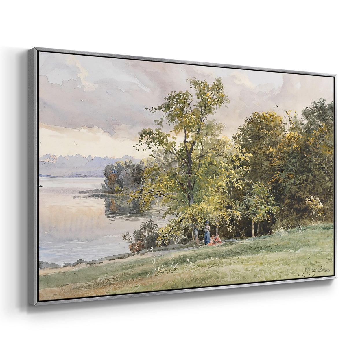 Angled view of Landscape at Lake Starnberg, 1890 by Edward Theodore Compton in a silver floater framed canvas.