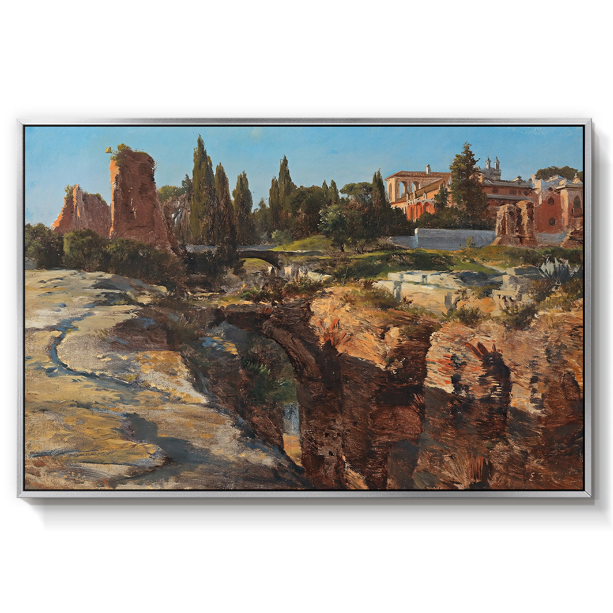 Palatine in Rome, c. 1921 by Edward Theodore Compton in a silver floater framed canvas wall art display.