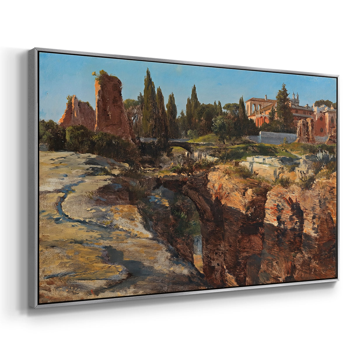 Angled view of Palatine in Rome, c. 1921 by Edward Theodore Compton in a silver floater framed canvas.