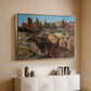 Silver floater framed canvas of Palatine in Rome, c. 1921 by Edward Theodore Compton, featuring an architectural scene of ancient structures in sunlit environment above a console cabinet in a minimalist entryway.