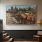 Silver floater framed canvas featuring a detailed depiction of historic Roman architecture, displayed in a hallway near a staircase.