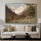 Landscape in the Caucasus, c. 1921 by Edward Theodore Compton displayed in a silver floater framed canvas above a sofa in a clean living room.