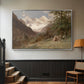 Silver floater framed canvas featuring a realistic depiction of remote mountain environment, displayed in a hallway near a staircase.