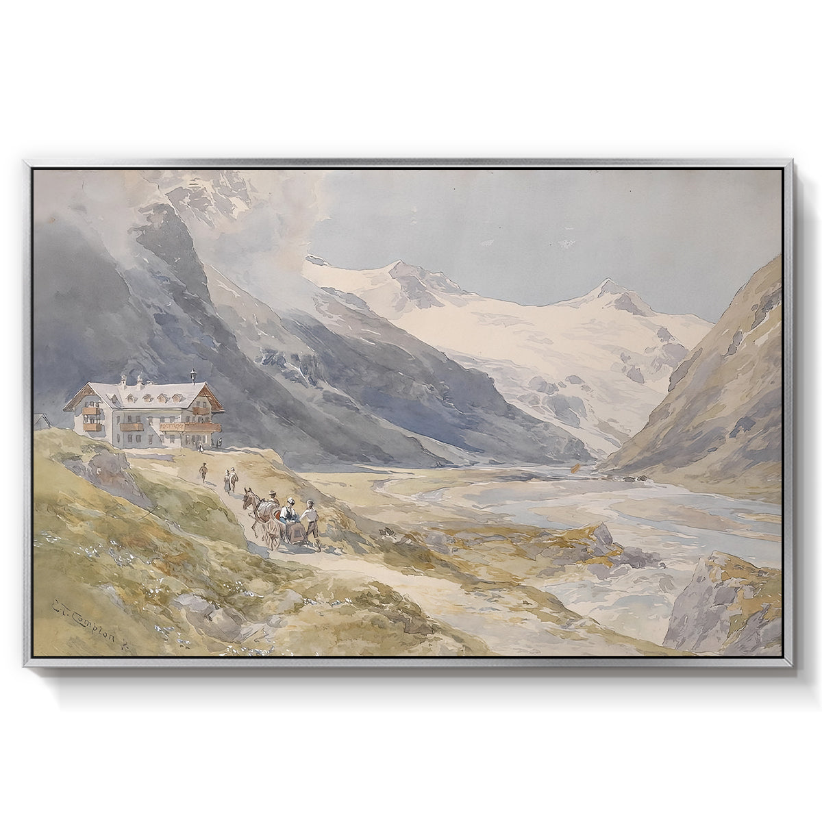 Shepherds (Pasterze), c. 1921 by Edward Theodore Compton in a silver floater framed canvas wall art display.