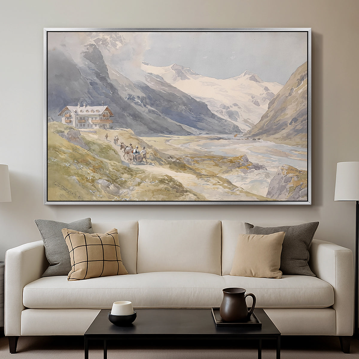 Shepherds (Pasterze), c. 1921 by Edward Theodore Compton displayed in a silver floater framed canvas above a sofa in a clean living room.