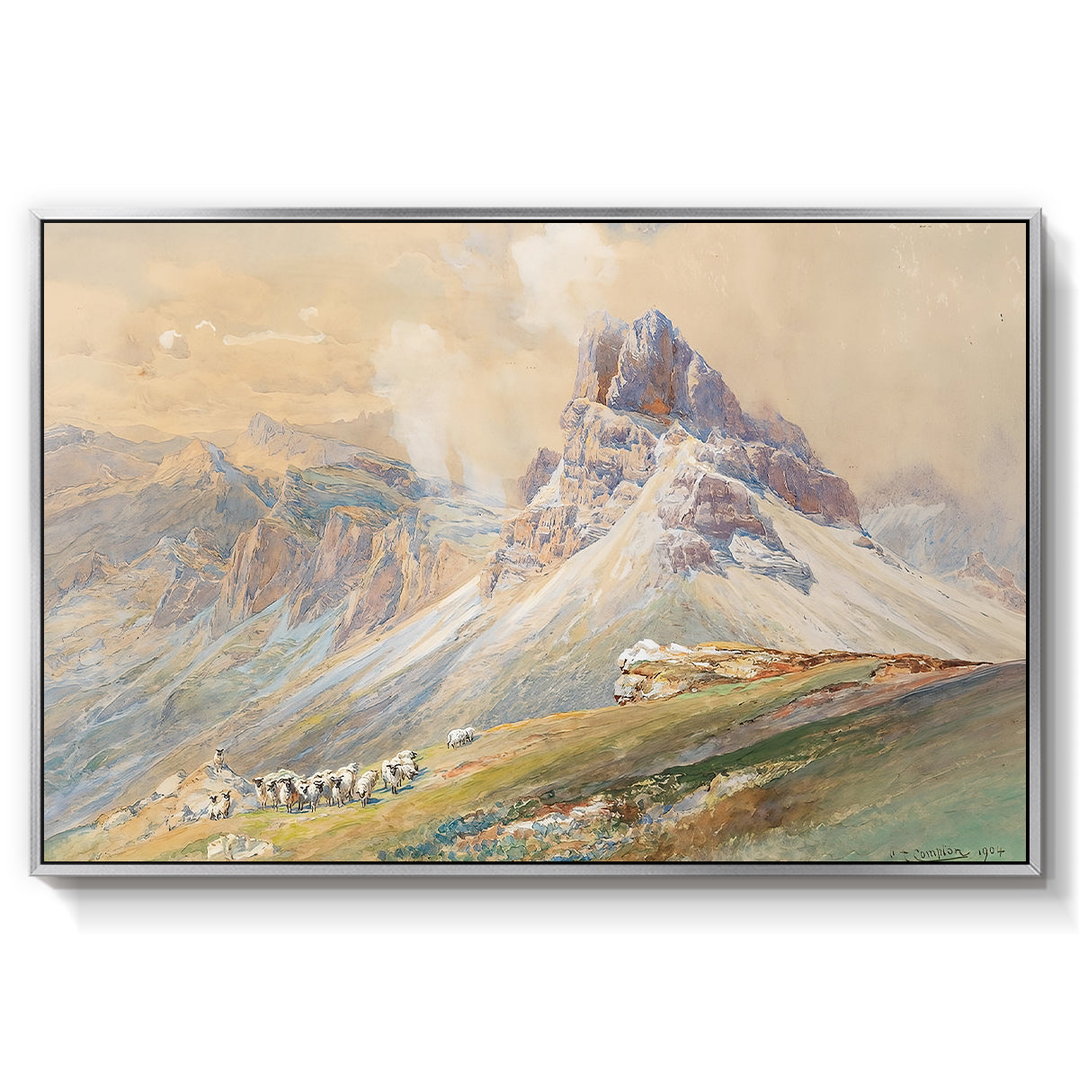 From the Dolomites, 1904 by Edward Theodore Compton in a silver floater framed canvas wall art display.