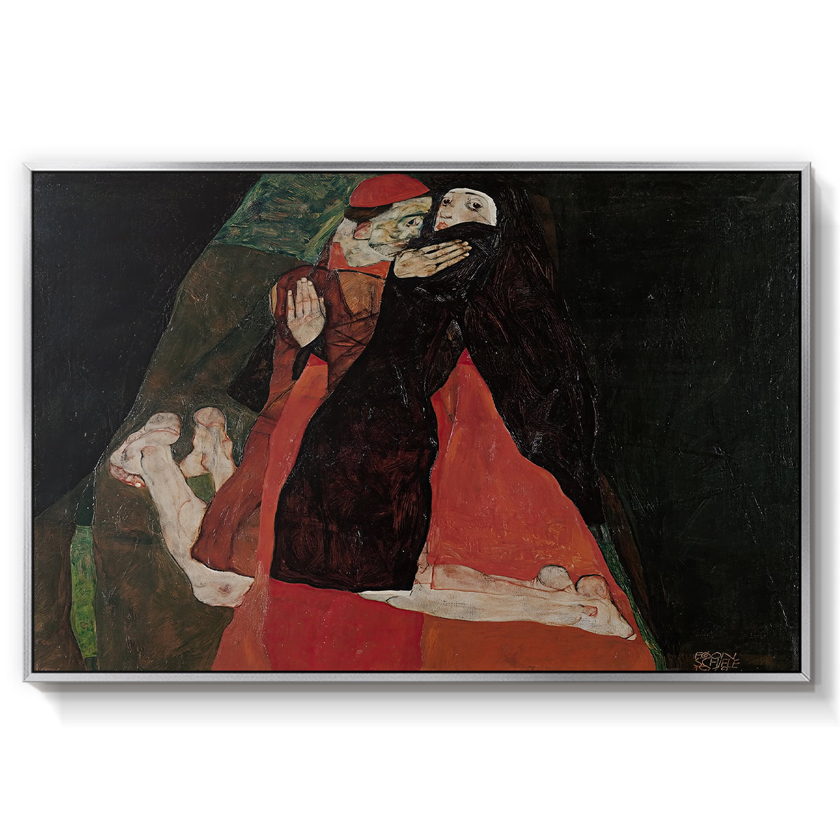 Cardinal and Nun (Caress), 1912 by Egon Schiele in a silver floater framed canvas wall art display.