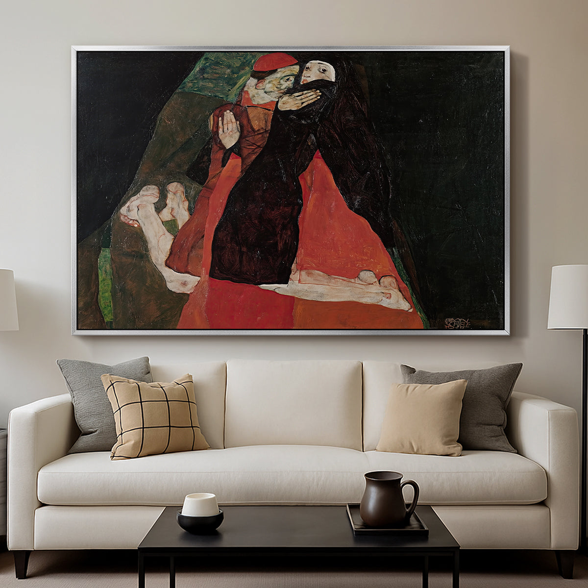 Cardinal and Nun (Caress), 1912 by Egon Schiele displayed in a silver floater framed canvas above a sofa in a clean living room.
