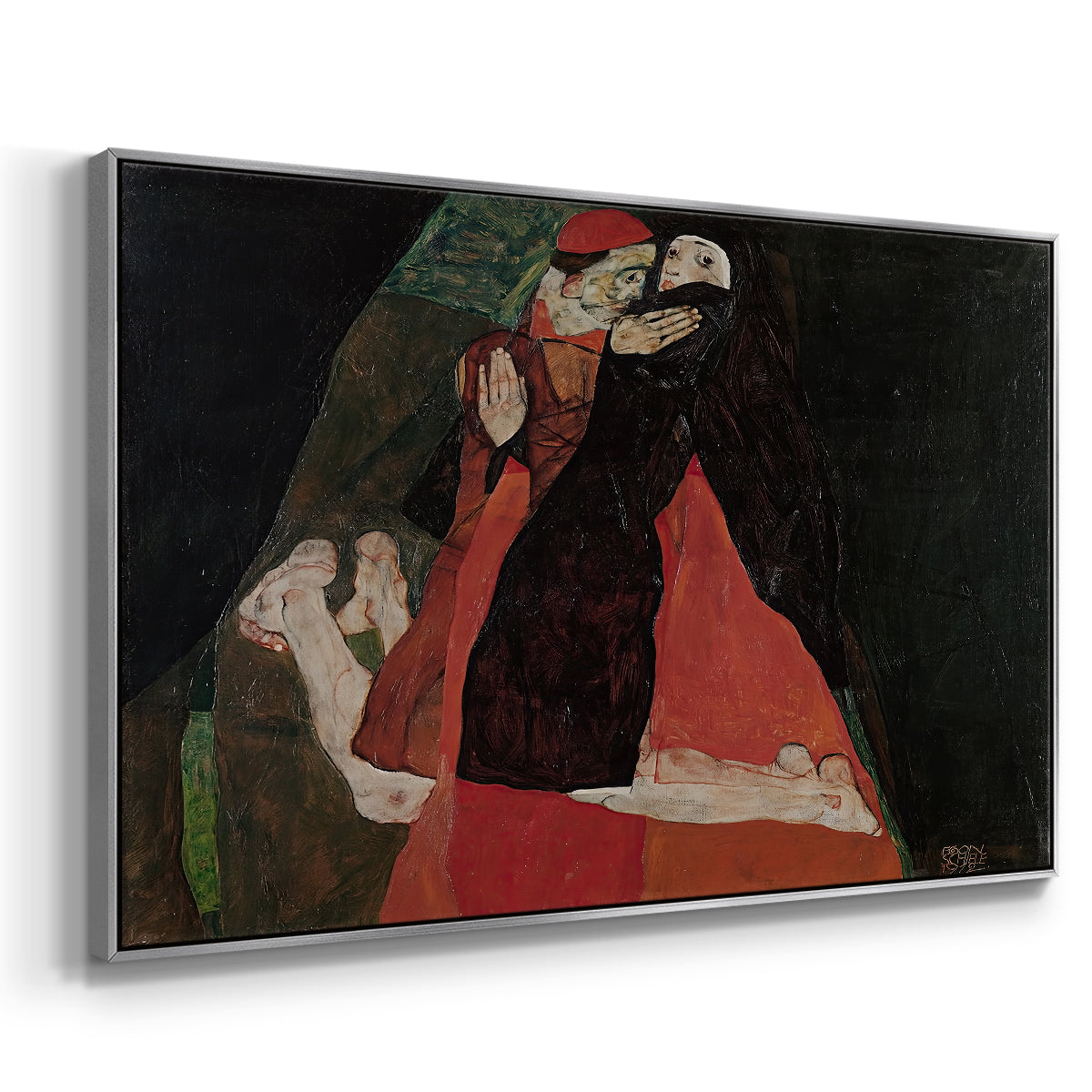 Angled view of Cardinal and Nun (Caress), 1912 by Egon Schiele in a silver floater framed canvas.