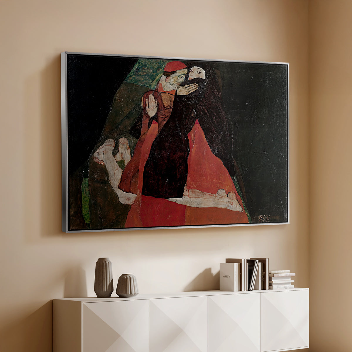 Silver floater framed canvas of Cardinal and Nun (Caress), 1912 by Egon Schiele, featuring a cardinal and nun depicted in close emotional interaction above a console cabinet in a minimalist entryway.