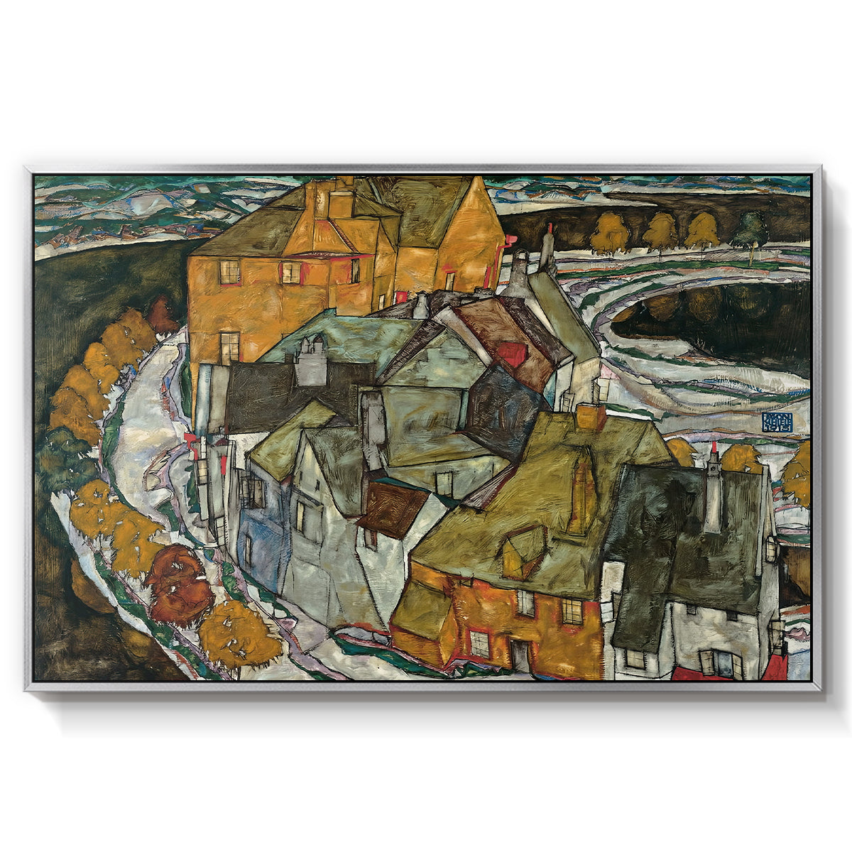 Crescent of Houses II (Island Town), 1915 by Egon Schiele in a silver floater framed canvas wall art display.