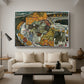 Crescent of Houses II (Island Town), 1915 by Egon Schiele as a silver floater framed canvas featuring a curved row of colorful houses forming crescent shape along water, displayed above a sofa in a modern living room.