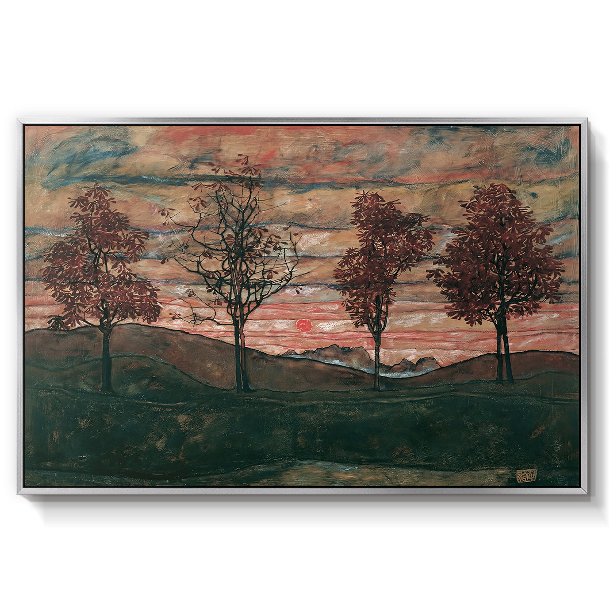 Four Trees, 1917 by Egon Schiele in a silver floater framed canvas wall art display.