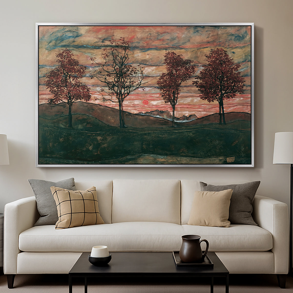 Four Trees, 1917 by Egon Schiele displayed in a silver floater framed canvas above a sofa in a clean living room.