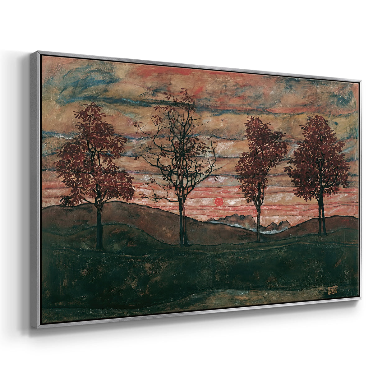 Angled view of Four Trees, 1917 by Egon Schiele in a silver floater framed canvas.