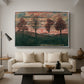 Four Trees, 1917 by Egon Schiele as a silver floater framed canvas featuring four trees standing in open landscape against colorful sky, displayed above a sofa in a modern living room.