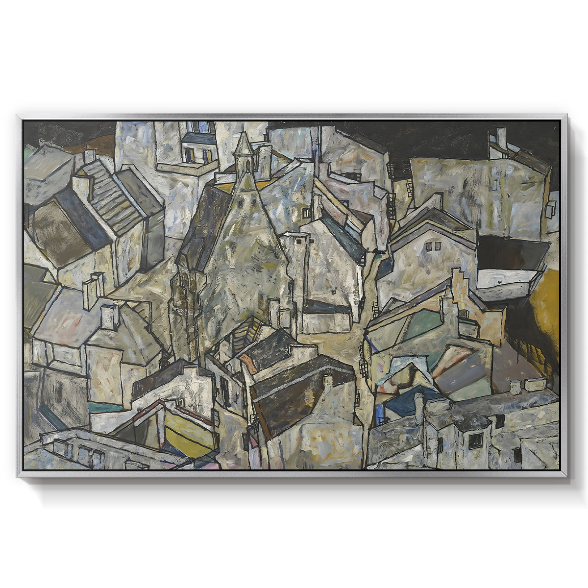 Mödling II, 1918 by Egon Schiele in a silver floater framed canvas wall art display.