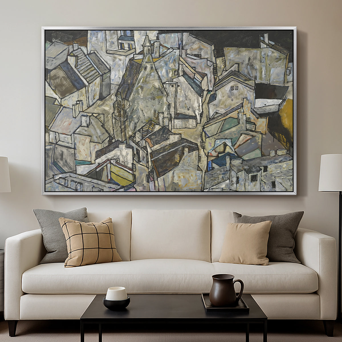 Mödling II, 1918 by Egon Schiele displayed in a silver floater framed canvas above a sofa in a clean living room.