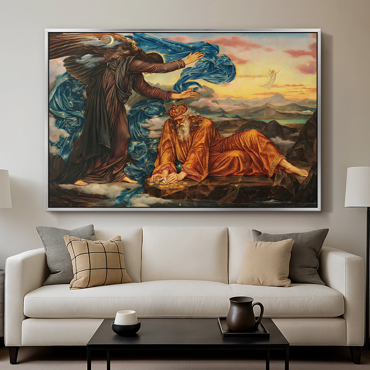 Earthbound, 1897 by Evelyn De Morgan displayed in a silver floater framed canvas above a sofa in a clean living room.