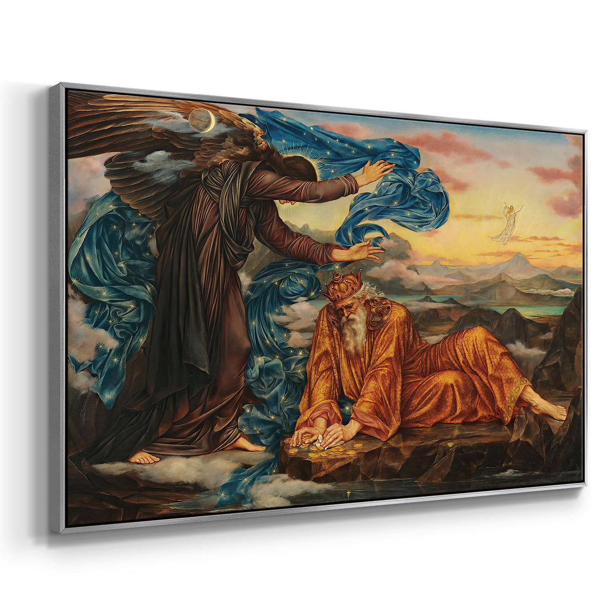Angled view of Earthbound, 1897 by Evelyn De Morgan in a silver floater framed canvas.