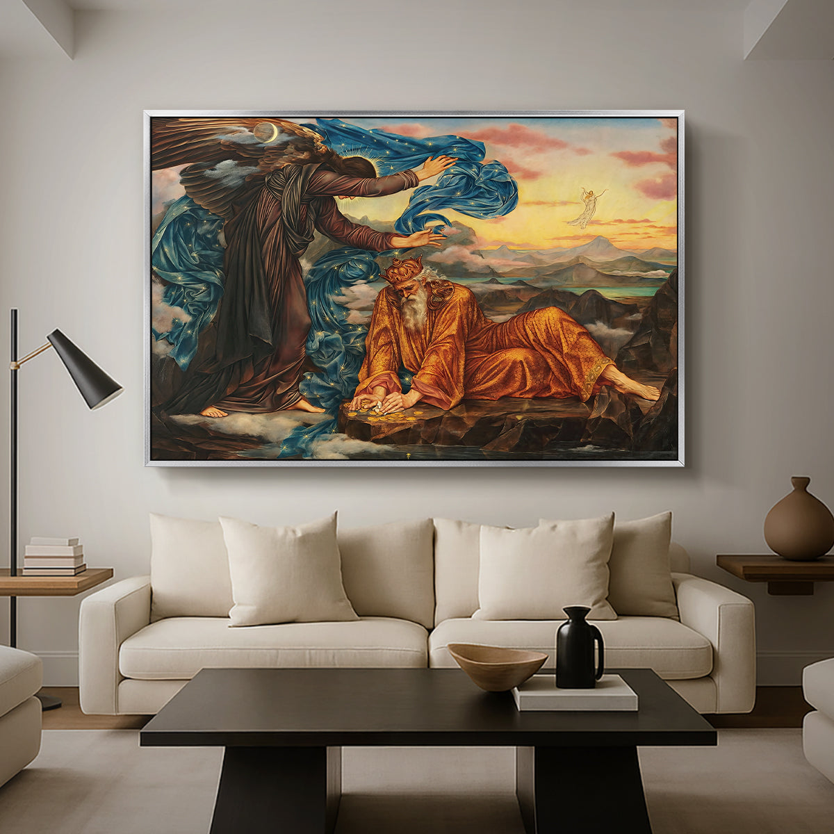 Earthbound, 1897 by Evelyn De Morgan as a silver floater framed canvas featuring a reclining female figure surrounded by symbolic elements in dreamlike setting, displayed above a sofa in a modern living room.