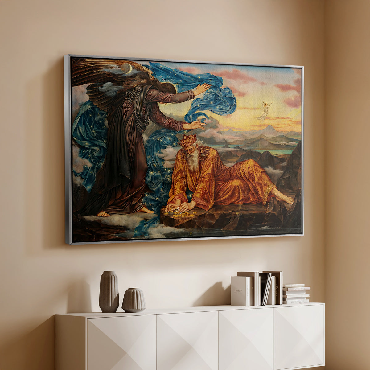Silver floater framed canvas of Earthbound, 1897 by Evelyn De Morgan, featuring an allegorical scene with woman resting amid flowing drapery and landscape above a console cabinet in a minimalist entryway.