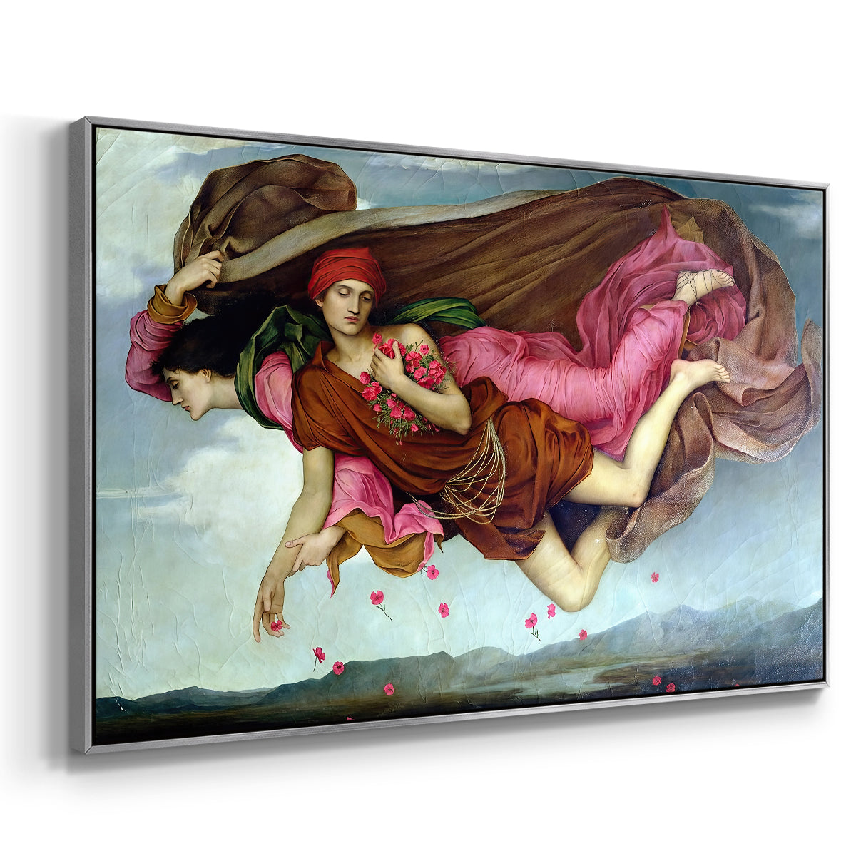 Angled view of Night and Sleep, 1878 by Evelyn De Morgan in a silver floater framed canvas.