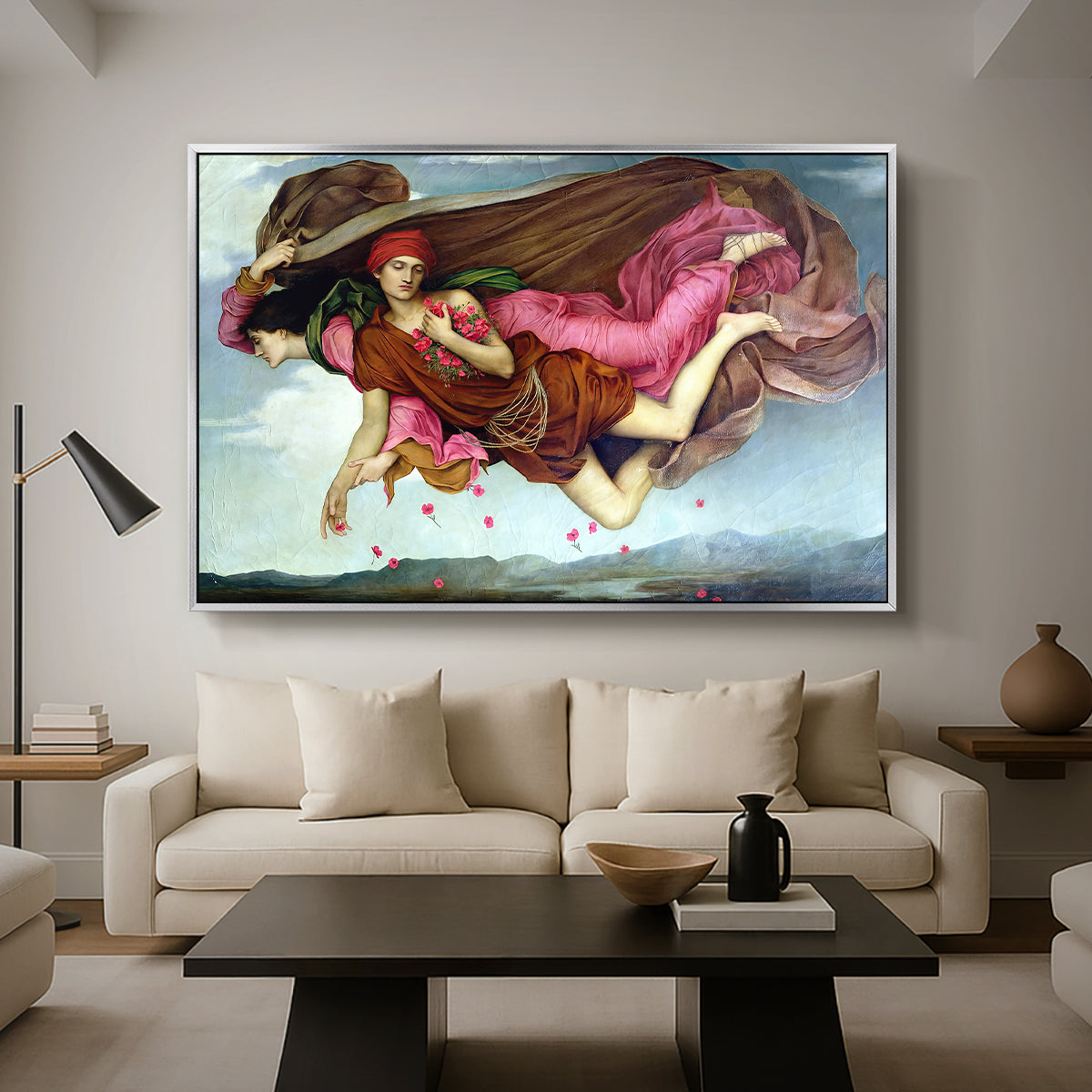 Night and Sleep, 1878 by Evelyn De Morgan as a silver floater framed canvas featuring two intertwined female figures floating through dark sky representing night and sleep, displayed above a sofa in a modern living room.
