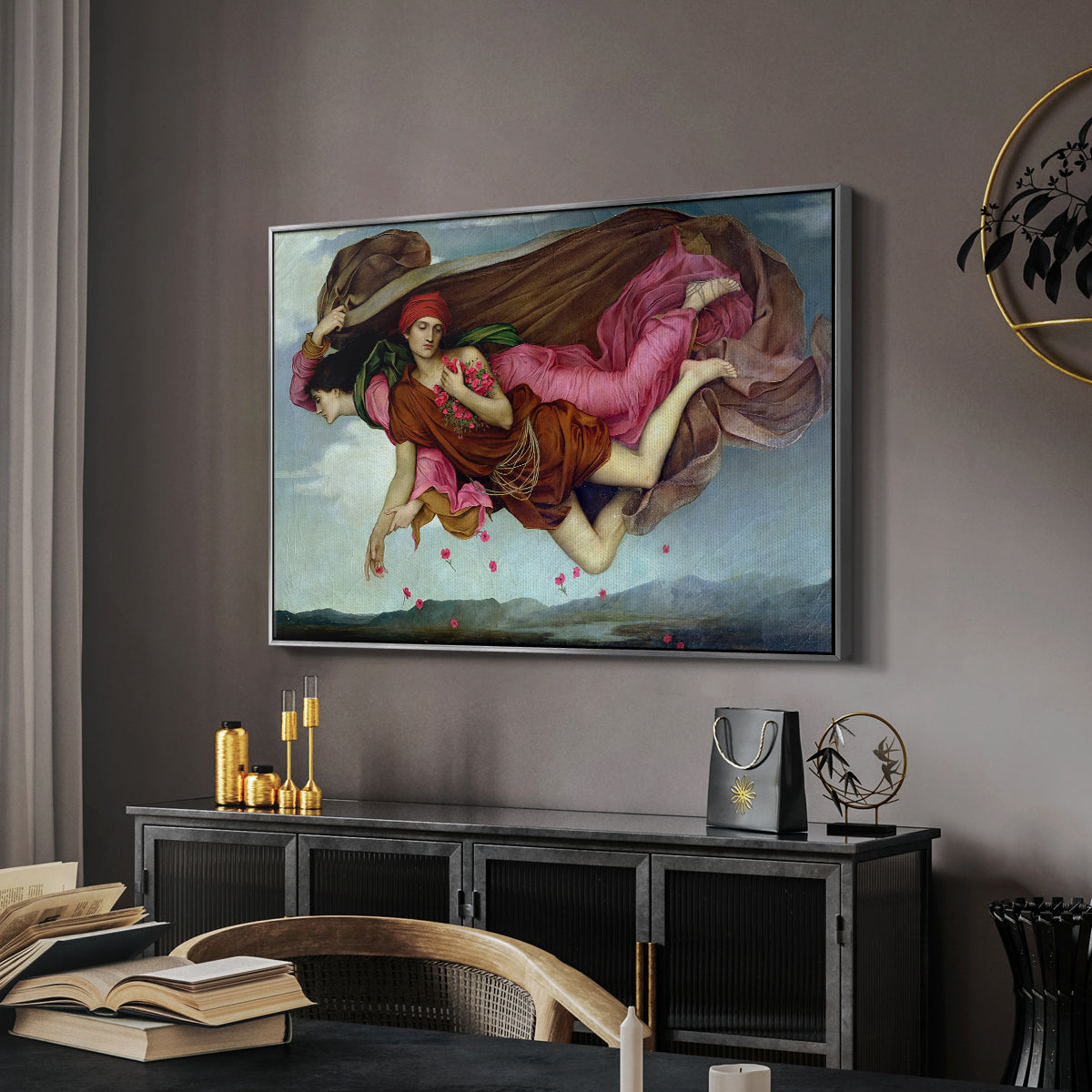 Night and Sleep, 1878 by Evelyn De Morgan in a silver floater framed canvas featuring a dreamlike scene with draped figures drifting across dark background, displayed above a desk in a dark home office interior.