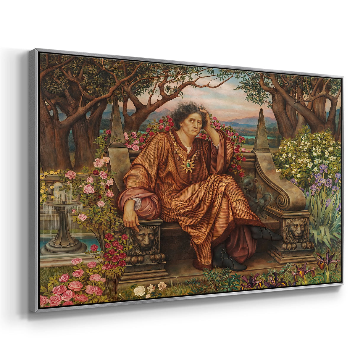 Angled view of A Soul in Hell, c. 1901-1902 by Evelyn De Morgan in a silver floater framed canvas.
