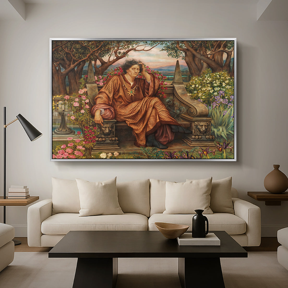 A Soul in Hell, c. 1901-1902 by Evelyn De Morgan as a silver floater framed canvas featuring a distressed figure surrounded by flames and torment in symbolic hell scene, displayed above a sofa in a modern living room.