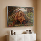 Silver floater framed canvas of A Soul in Hell, c. 1901-1902 by Evelyn De Morgan, featuring a dramatic allegory of suffering with figure engulfed in fiery environment above a console cabinet in a minimalist entryway.