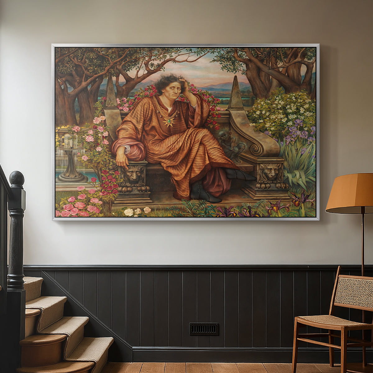 Silver floater framed canvas featuring an emotional scene representing torment and spiritual struggle, displayed in a hallway near a staircase.