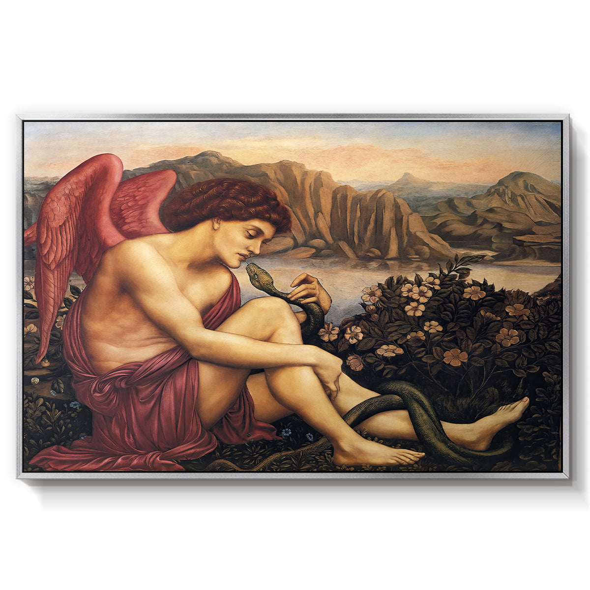 The Angel with the Serpent, c. 1870-1875 by Evelyn De Morgan in a silver floater framed canvas wall art display.