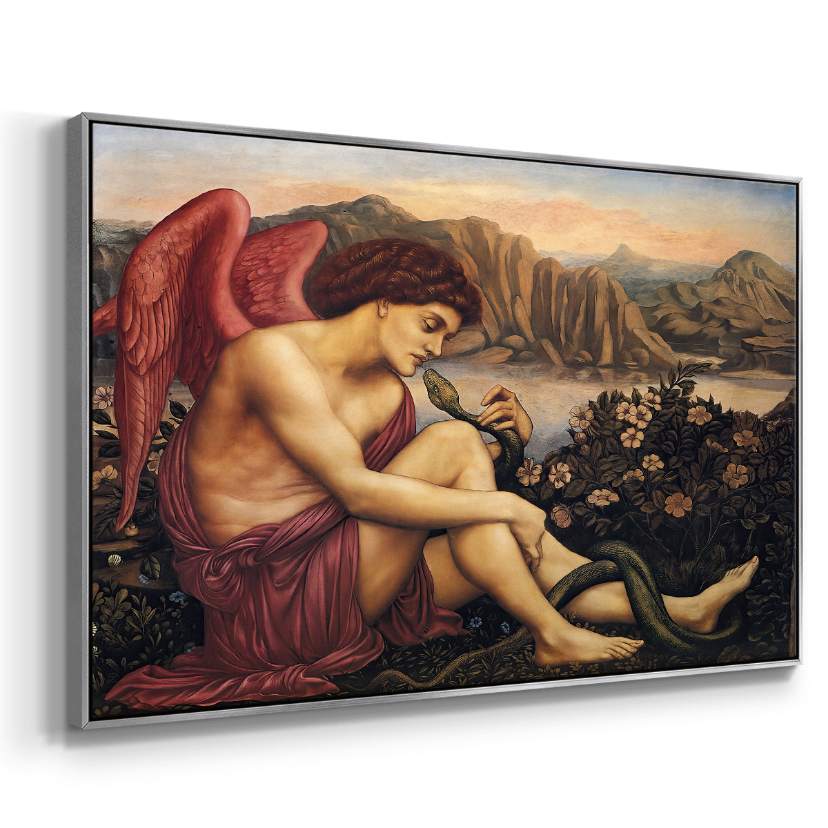 Angled view of The Angel with the Serpent, c. 1870-1875 by Evelyn De Morgan in a silver floater framed canvas.