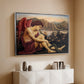 Silver floater framed canvas of The Angel with the Serpent, c. 1870-1875 by Evelyn De Morgan, featuring a winged figure standing over serpent in allegorical composition above a console cabinet in a minimalist entryway.