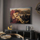 The Angel with the Serpent, c. 1870-1875 by Evelyn De Morgan in a silver floater framed canvas featuring a religious scene with angel defeating snake in dramatic pose, displayed above a desk in a dark home office interior.