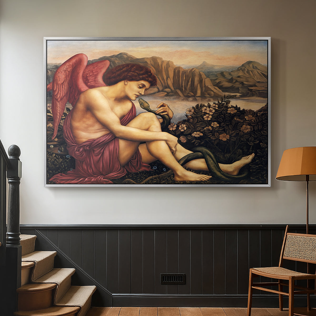 Silver floater framed canvas featuring a symbolic imagery of purity overcoming evil forces, displayed in a hallway near a staircase.