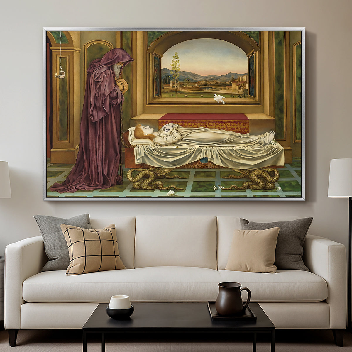 The Wandering Jew: Whom the Gods Love Die Young, 1888 by Evelyn De Morgan displayed in a silver floater framed canvas above a sofa in a clean living room.