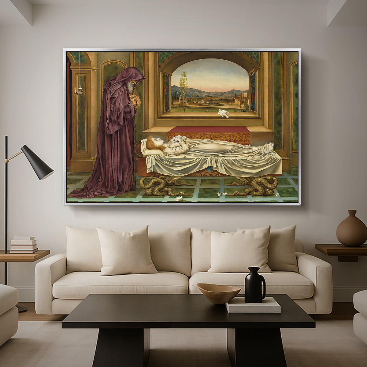 The Wandering Jew: Whom the Gods Love Die Young, 1888 by Evelyn De Morgan as a silver floater framed canvas featuring a solitary figure standing in interior space with contemplative expression, displayed above a sofa in a modern living room.
