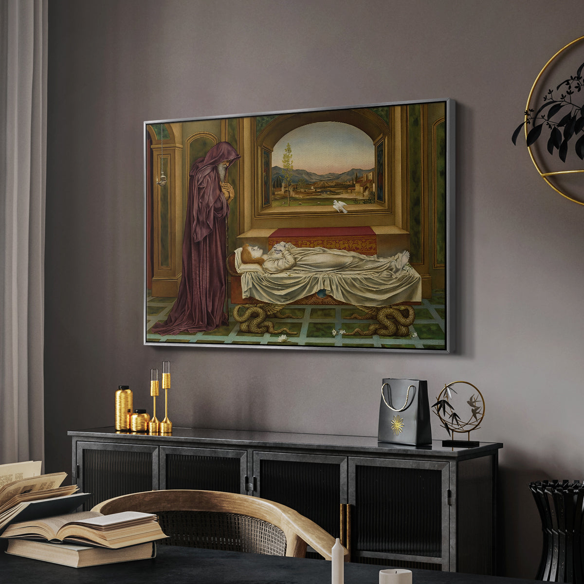 The Wandering Jew: Whom the Gods Love Die Young, 1888 by Evelyn De Morgan in a silver floater framed canvas featuring an introspective scene with lone figure framed by interior elements, displayed above a desk in a dark home office interior.