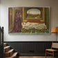 Silver floater framed canvas featuring a narrative composition with figure paused in reflective moment, displayed in a hallway near a staircase.