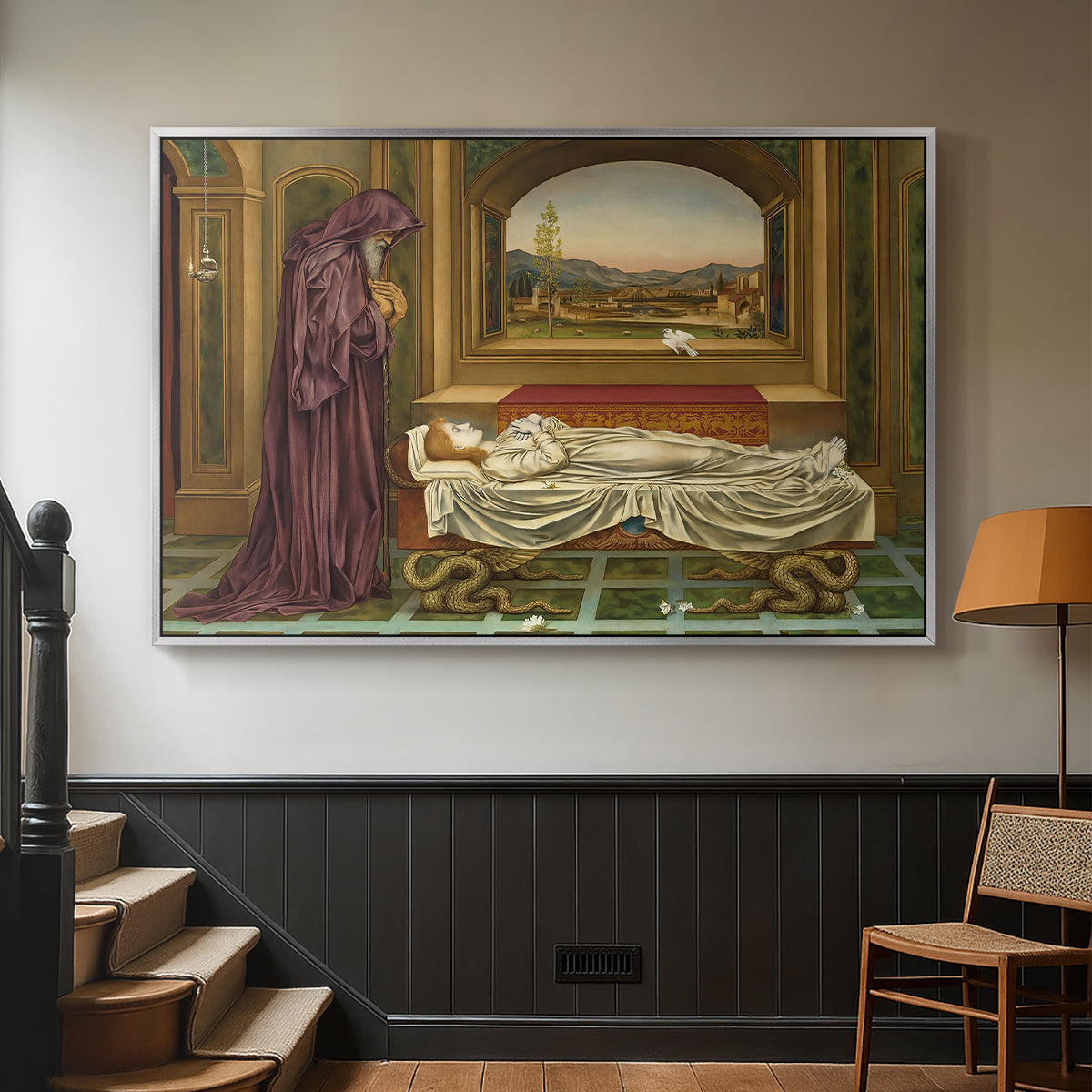 Silver floater framed canvas featuring a narrative composition with figure paused in reflective moment, displayed in a hallway near a staircase.