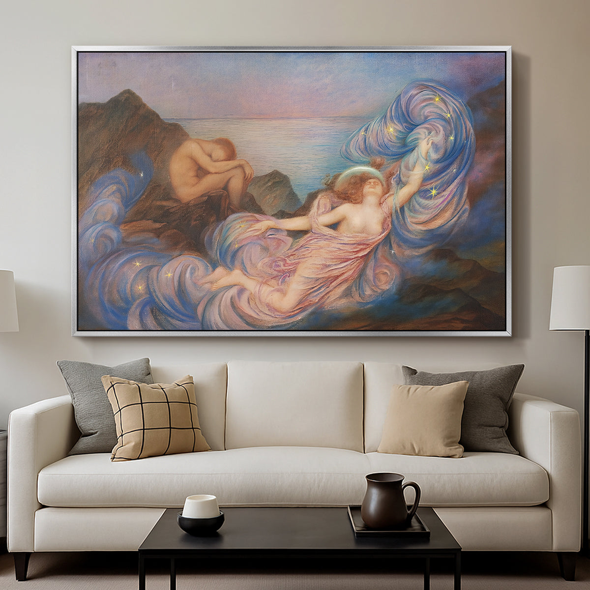 Twilight, 1914 by Evelyn De Morgan displayed in a silver floater framed canvas above a sofa in a clean living room.