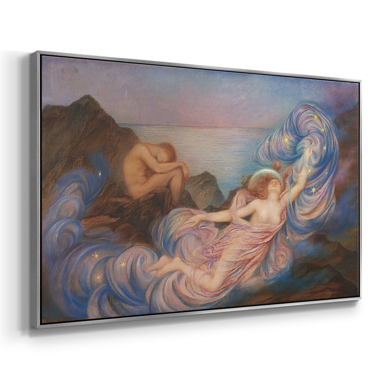 Angled view of Twilight, 1914 by Evelyn De Morgan in a silver floater framed canvas.