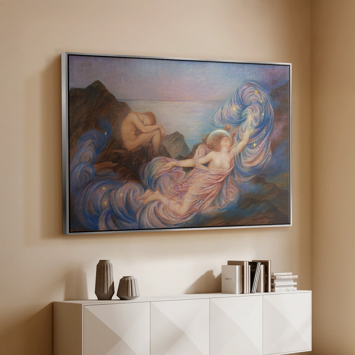 Silver floater framed canvas of Twilight, 1914 by Evelyn De Morgan, featuring an allegorical figure resting in atmospheric dusk setting above a console cabinet in a minimalist entryway.