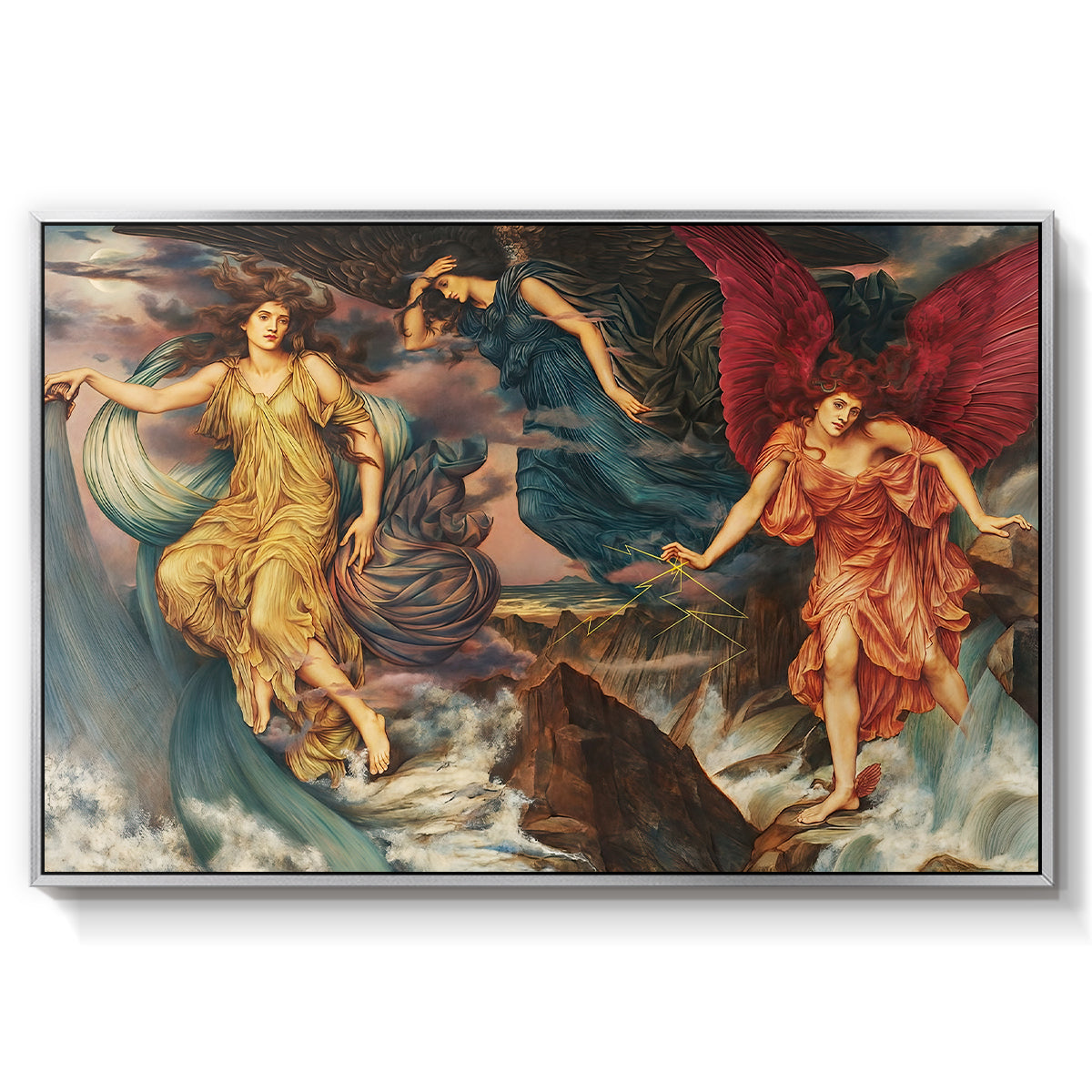 The Storm Spirits, 1900 by Evelyn De Morgan in a silver floater framed canvas wall art display.