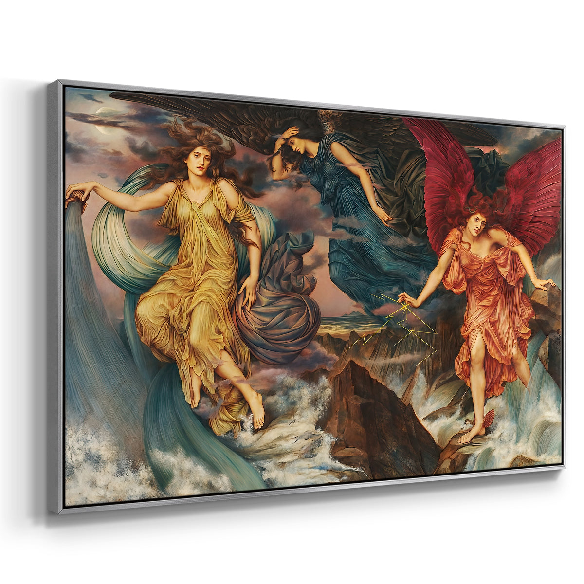Angled view of The Storm Spirits, 1900 by Evelyn De Morgan in a silver floater framed canvas.