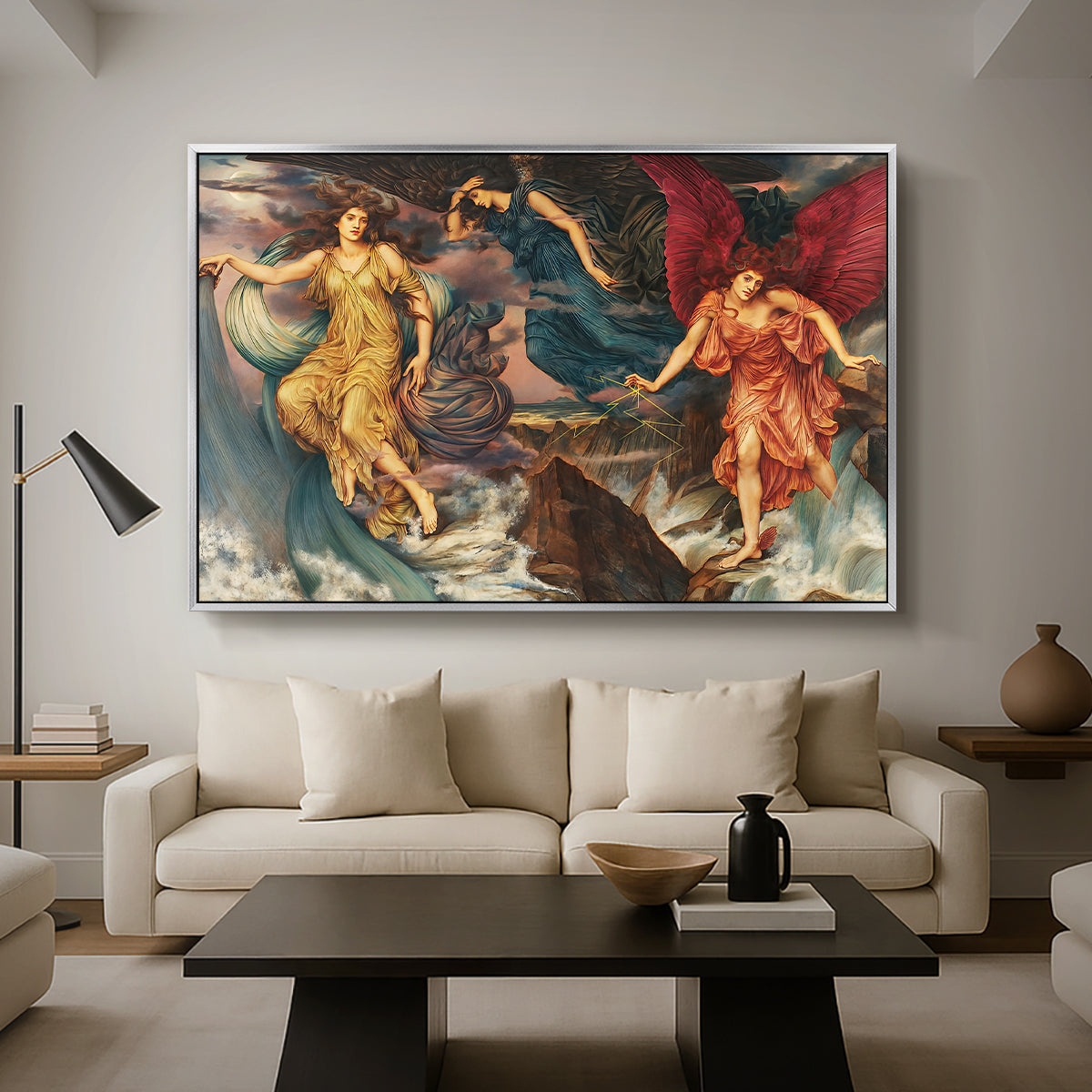 The Storm Spirits, 1900 by Evelyn De Morgan as a silver floater framed canvas featuring multiple figures swirling through sky representing storm forces in motion, displayed above a sofa in a modern living room.