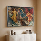 Silver floater framed canvas of The Storm Spirits, 1900 by Evelyn De Morgan, featuring a dramatic allegory of spirits moving within turbulent sky above a console cabinet in a minimalist entryway.
